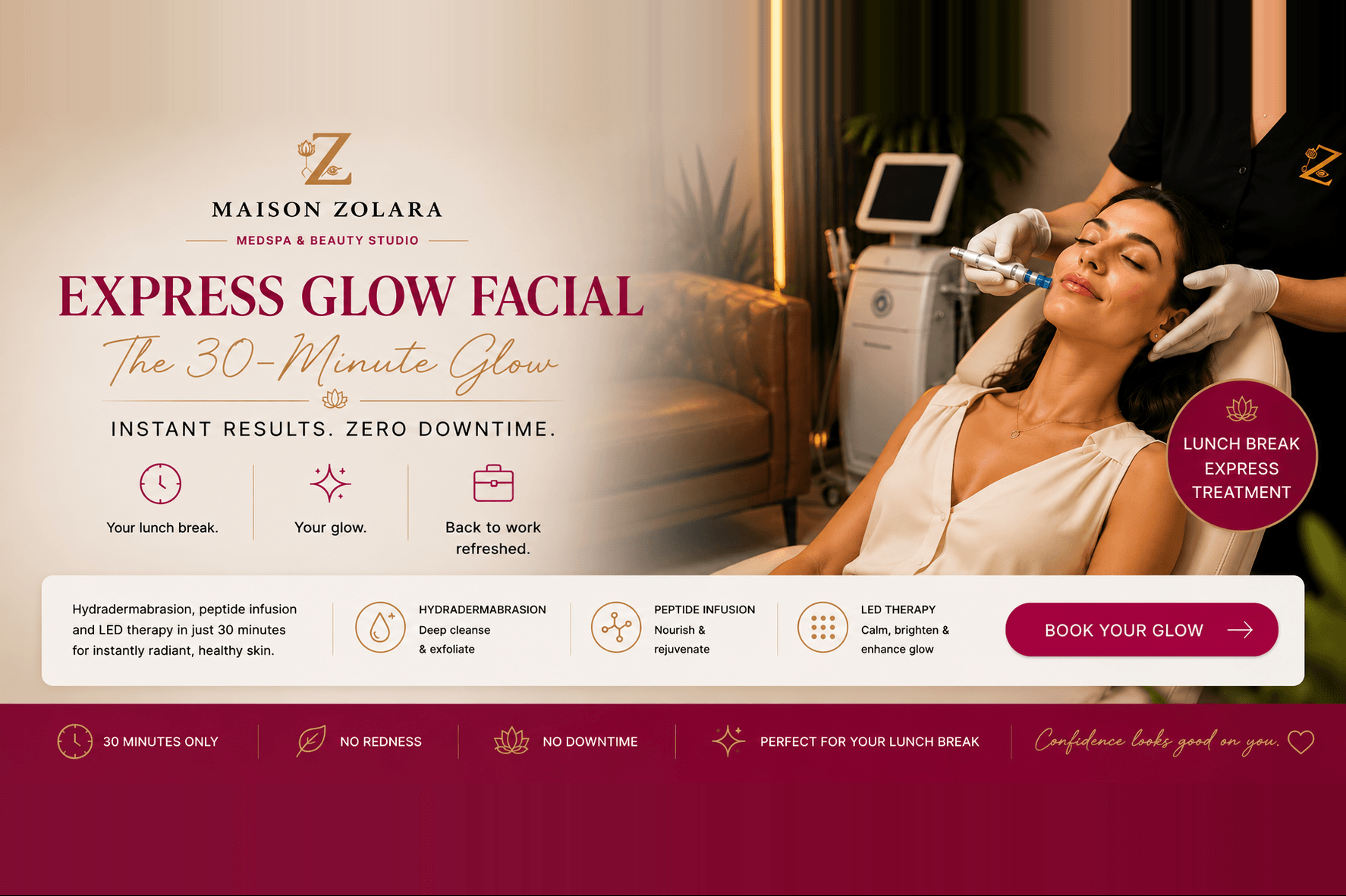 Express Glow Facial — 30-minute lunch break treatment, Hydradermabrasion, peptide infusion & LED therapy at Maison Zolara Lansing MI