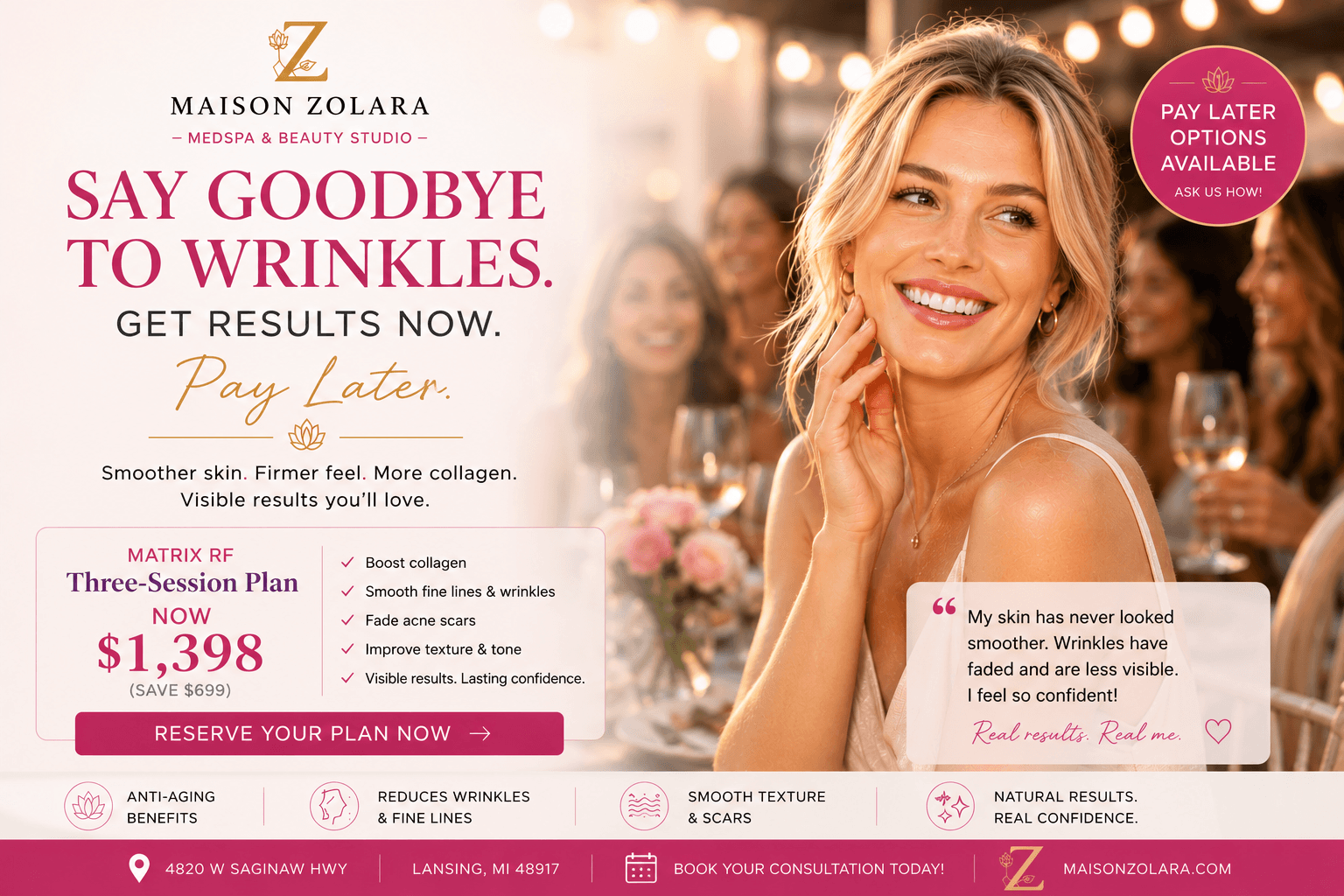 Say Goodbye to Wrinkles — Matrix RF Microneedling three-session plan at Maison Zolara, Lansing MI