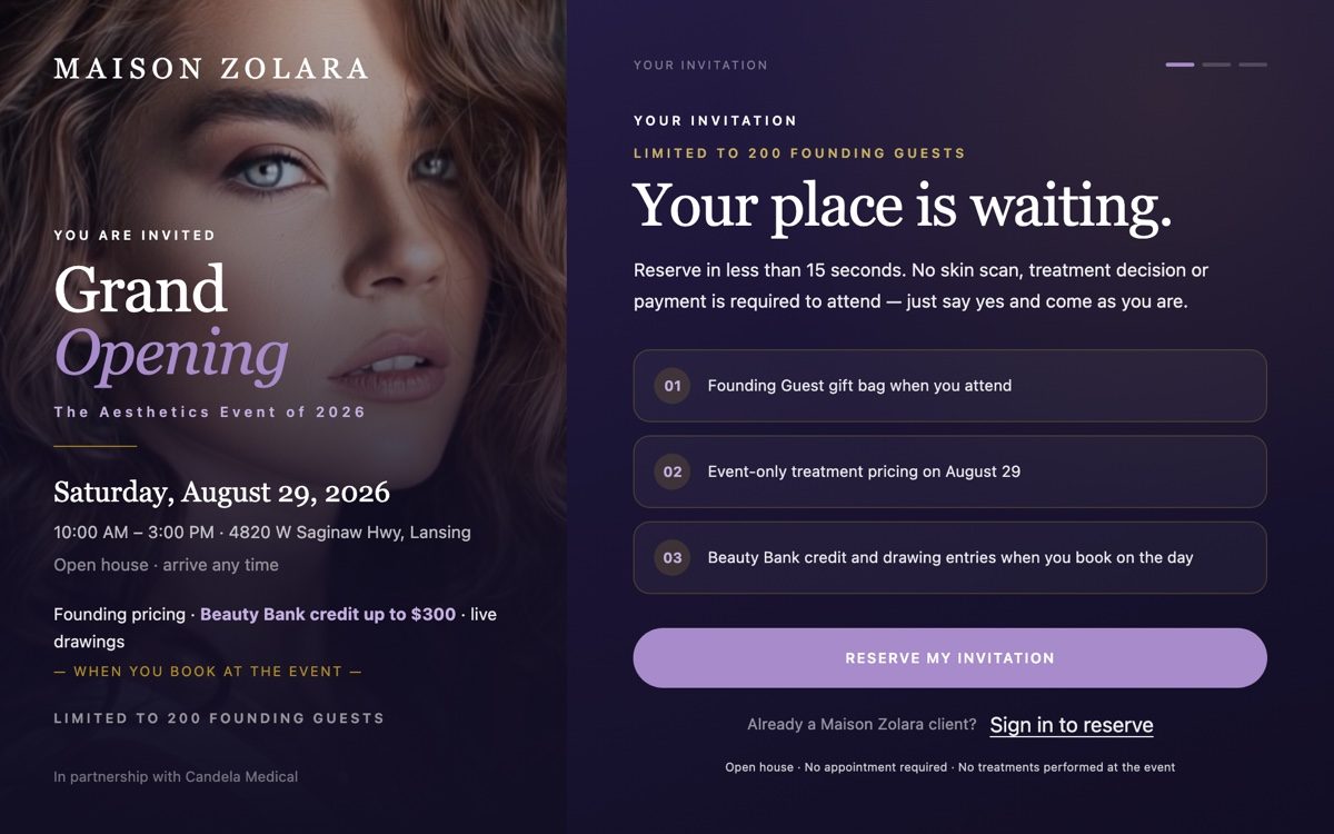Maison Zolara Grand Opening invitation — Saturday, August 29, 2026, Lansing, Michigan, 200 founding guests