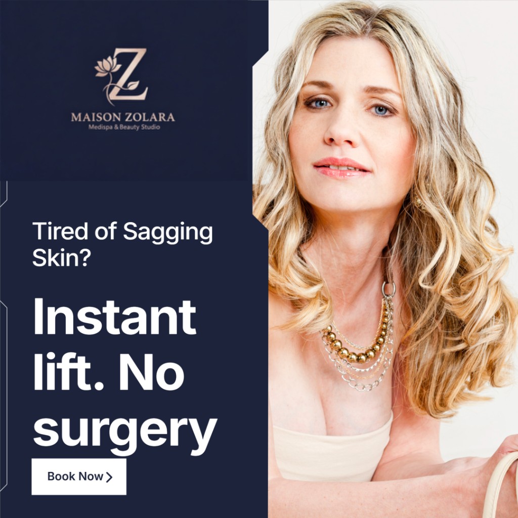 Tired of sagging skin? Instant lift, no surgery — PDO thread lift for jawline, jowls, brow and neck at Maison Zolara, Lansing MI